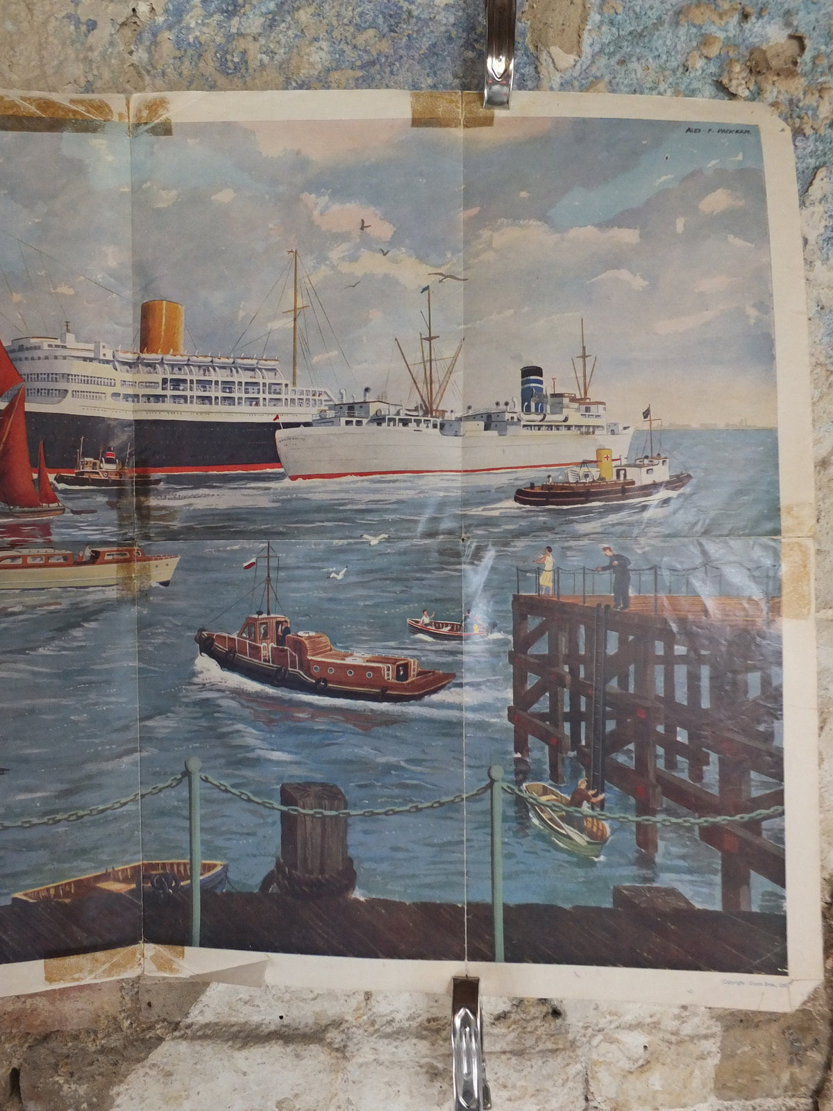Original Vintage British Child Education Ships on a busy River Poster mid century print Alex Packham wall art 1958 1950s