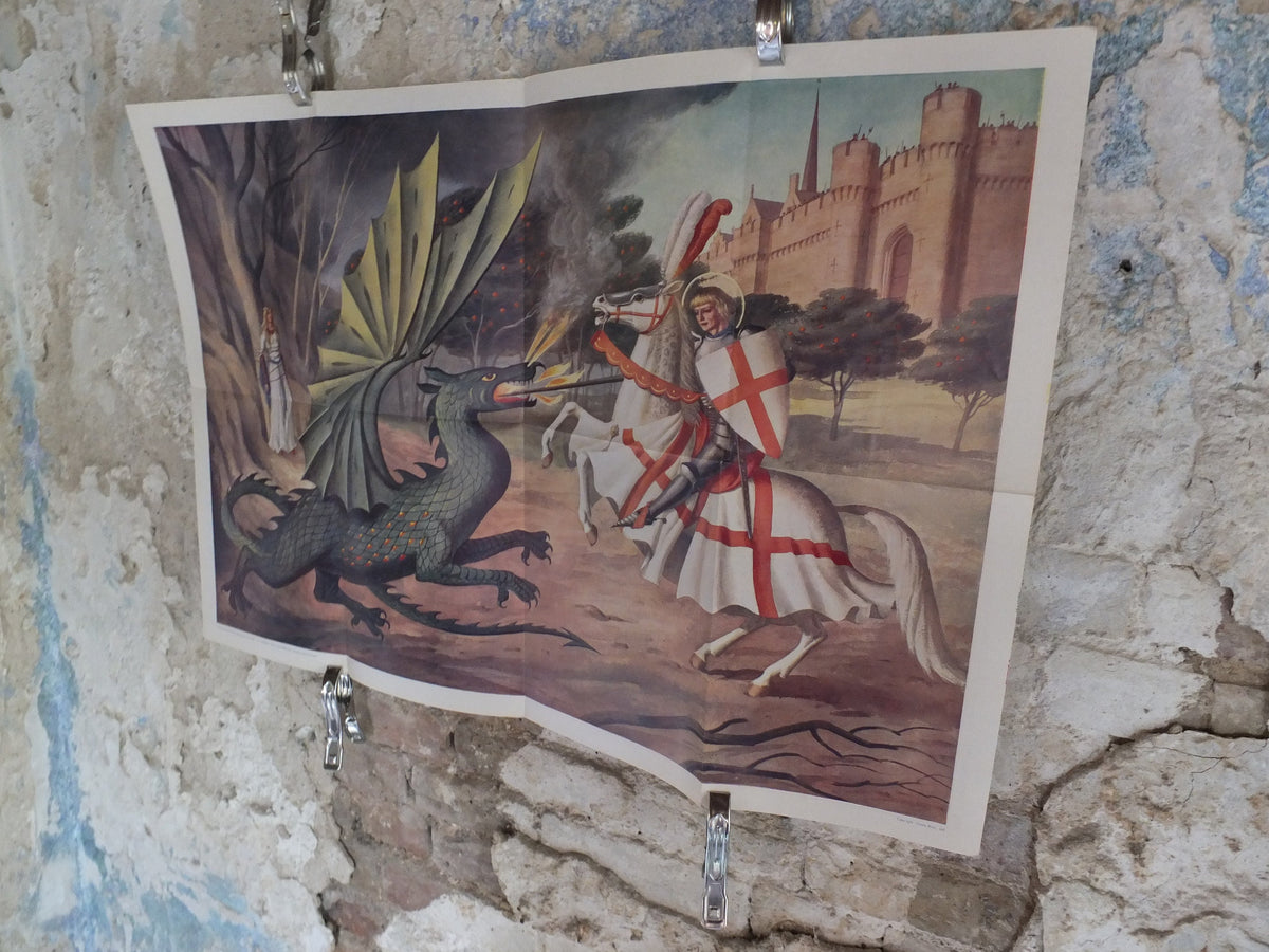 Original Vintage British Child Education St George and the Dragon Poster mid century knight print John Harwood wall art 1962 1960s