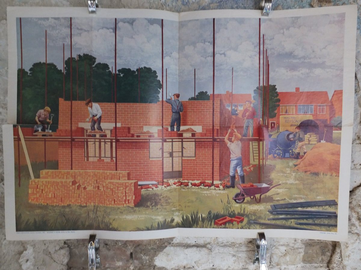 Original Vintage British Child Education Building a House Poster bricks construction mid century print Peter Blayney wall art 1961 1960s