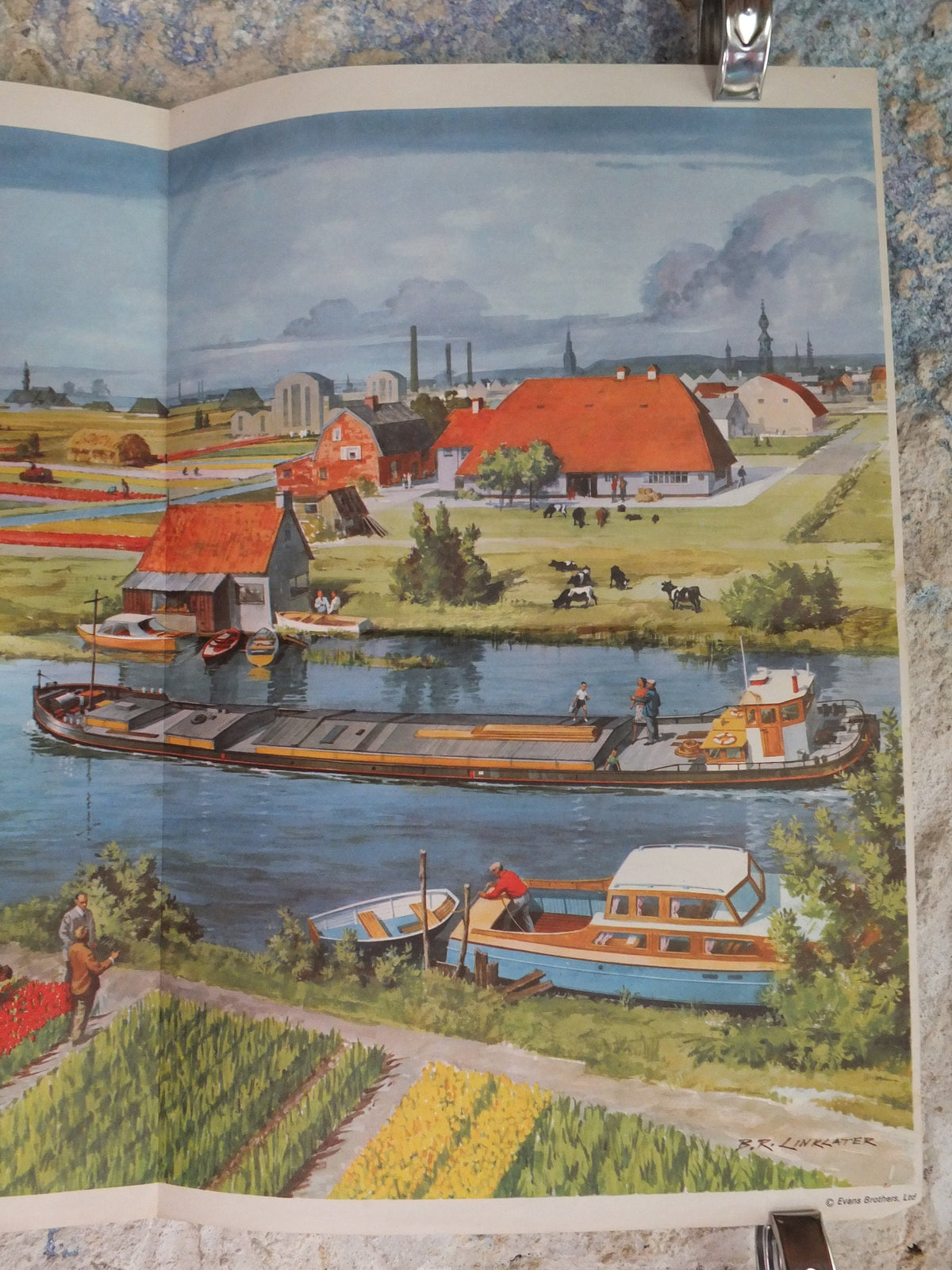 Original Vintage British Child Education Dutch Barge Canal Windmill tulips flowers mid century print wall art Linklater 1969 1960s