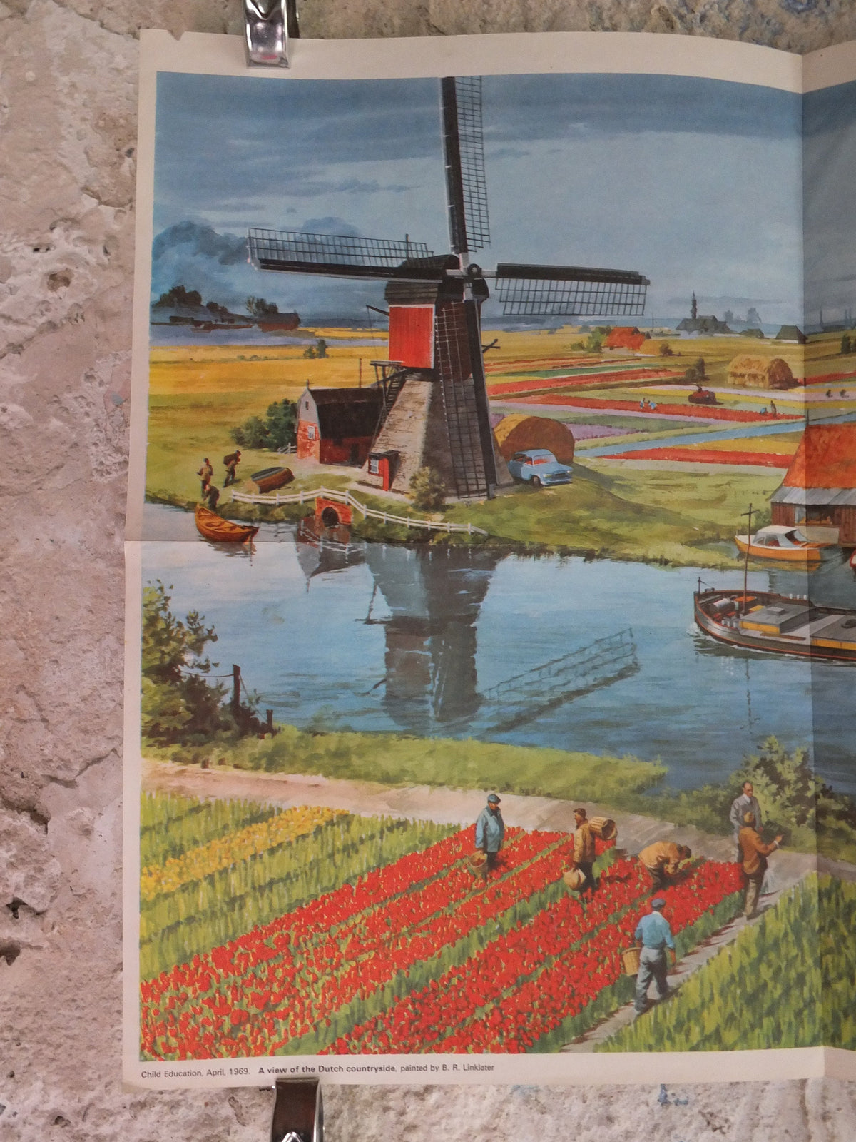 Original Vintage British Child Education Dutch Barge Canal Windmill tulips flowers mid century print wall art Linklater 1969 1960s