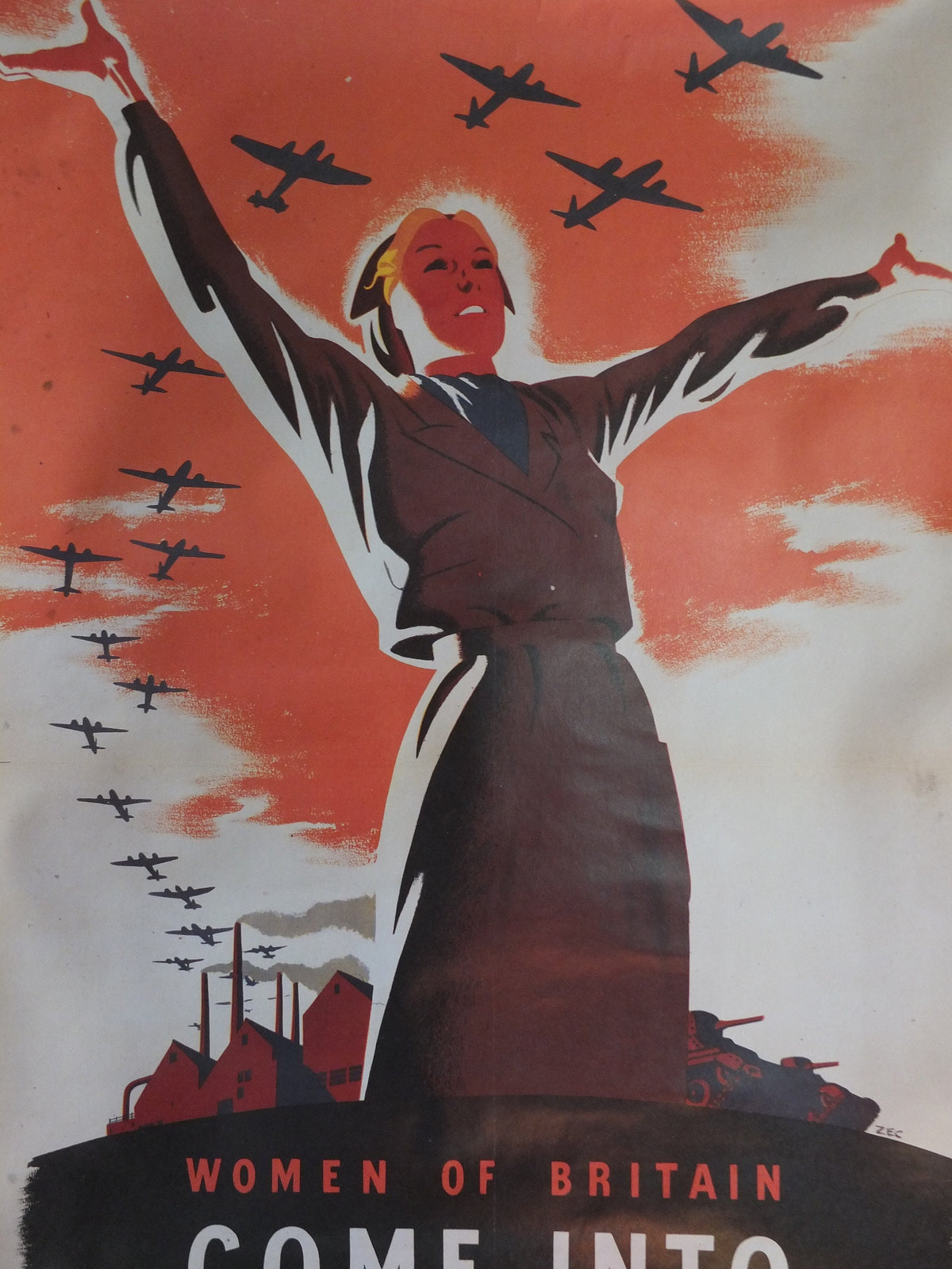 Vintage British WW2 Women of Britain Come into the Factories Propaganda Poster Telegraph bombers reprint print wall art 1980s