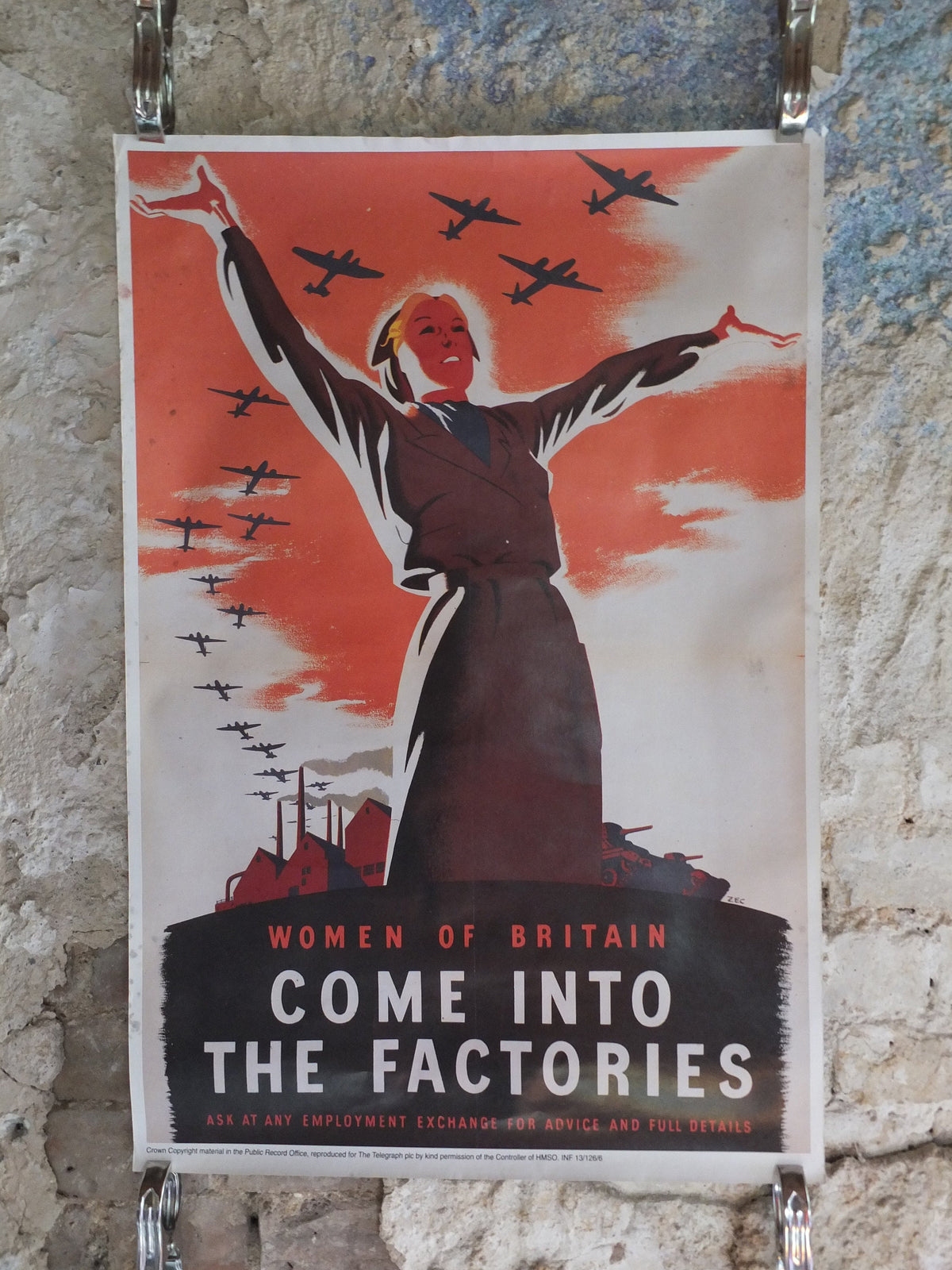 Vintage British WW2 Women of Britain Come into the Factories Propaganda Poster Telegraph bombers reprint print wall art 1980s