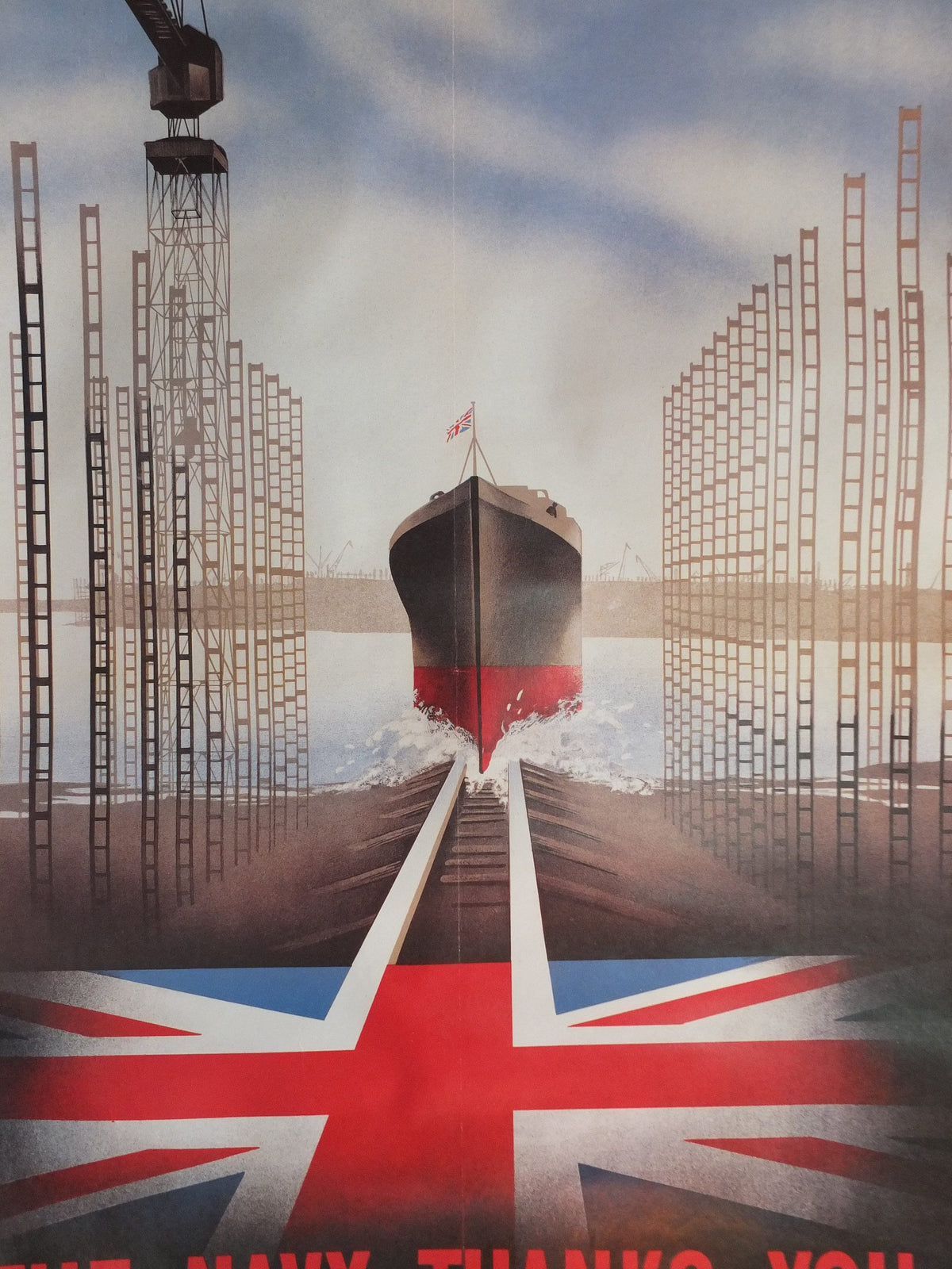Vintage British WW2 The Navy Thanks You Propaganda Poster Telegraph Pat Keely ship shipyard destroyer battleship reprint wall art 1980s