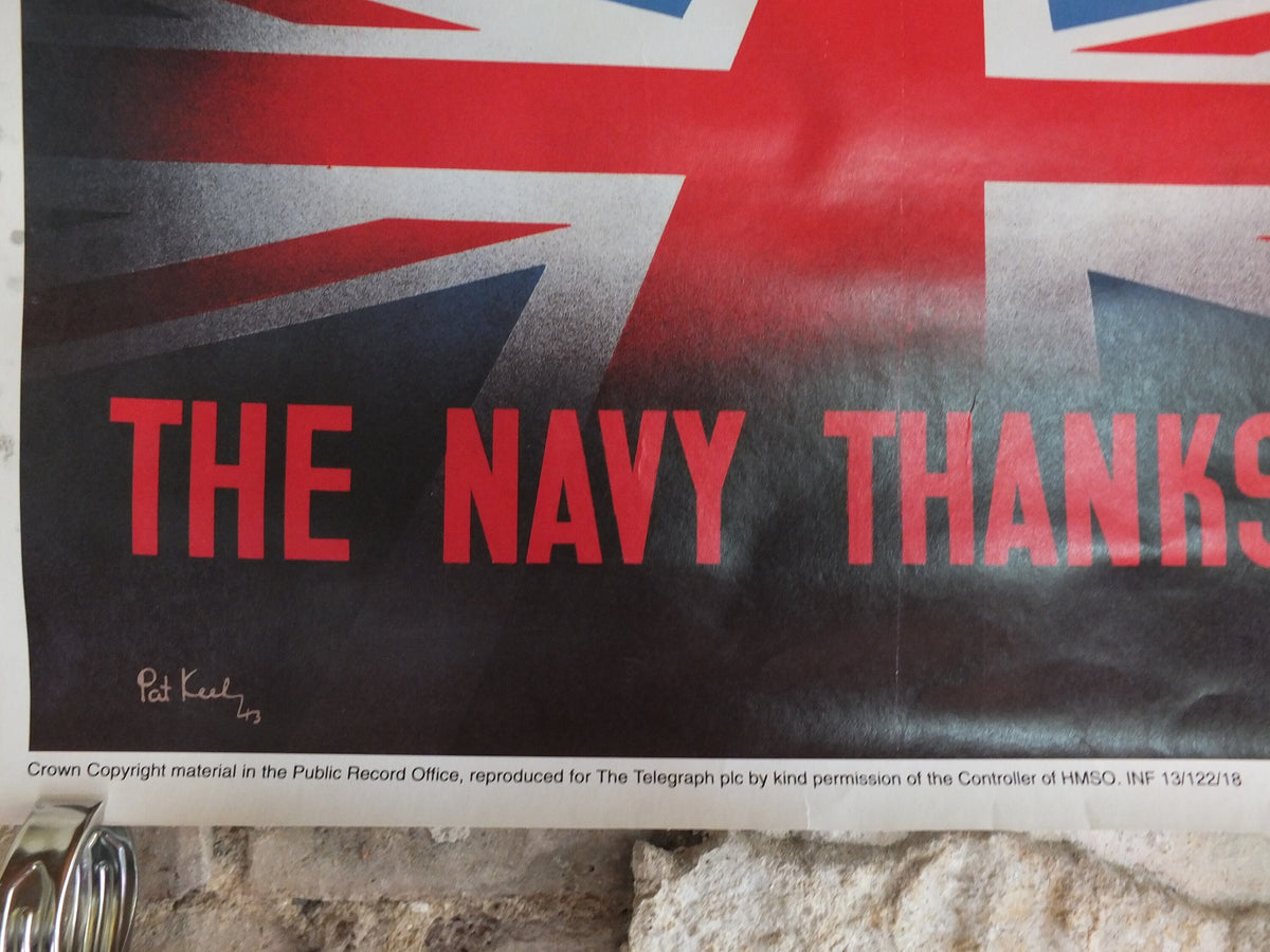 Vintage British WW2 The Navy Thanks You Propaganda Poster Telegraph Pat Keely ship shipyard destroyer battleship reprint wall art 1980s