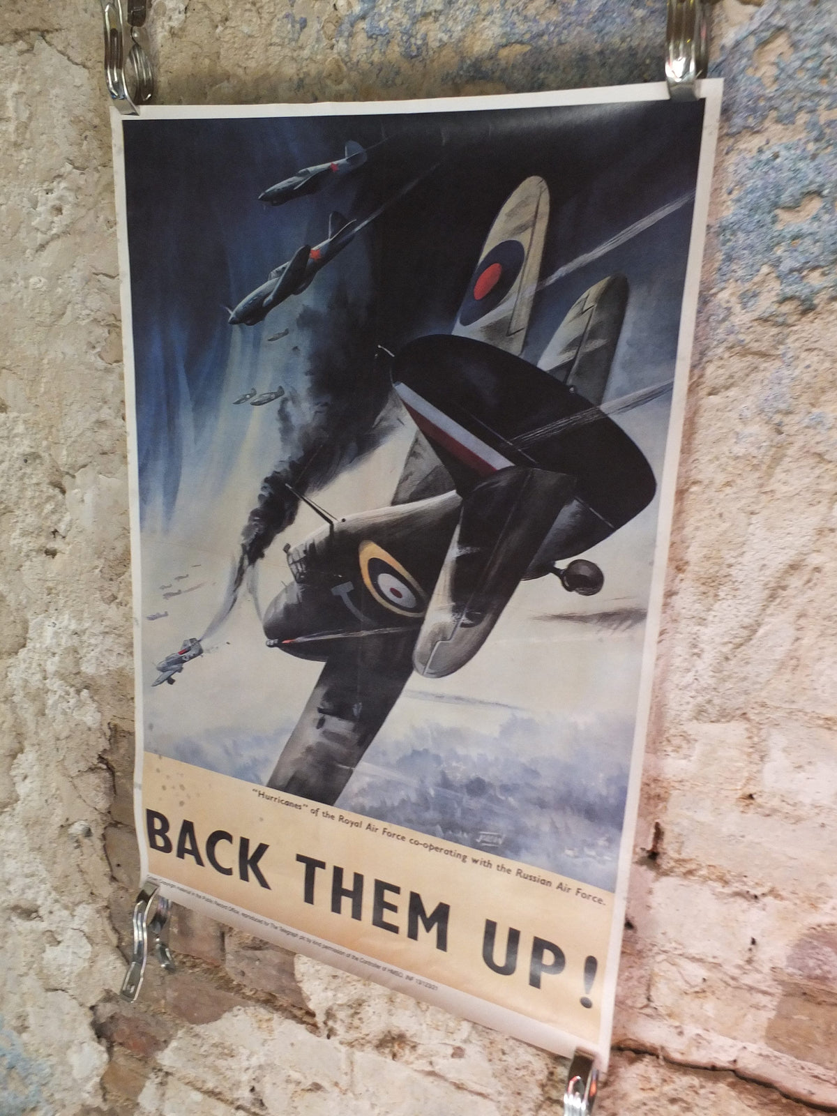Vintage British WW2 Back them Up Spitfire Hurricane Propaganda Poster Jobson Telegraph fighters royal air force reprint print wall art 1980s