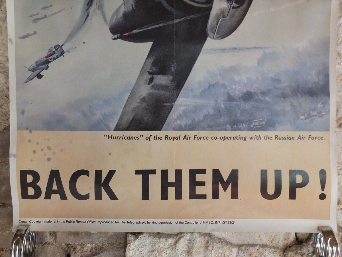 Vintage British WW2 Back them Up Spitfire Hurricane Propaganda Poster Jobson Telegraph fighters royal air force reprint print wall art 1980s