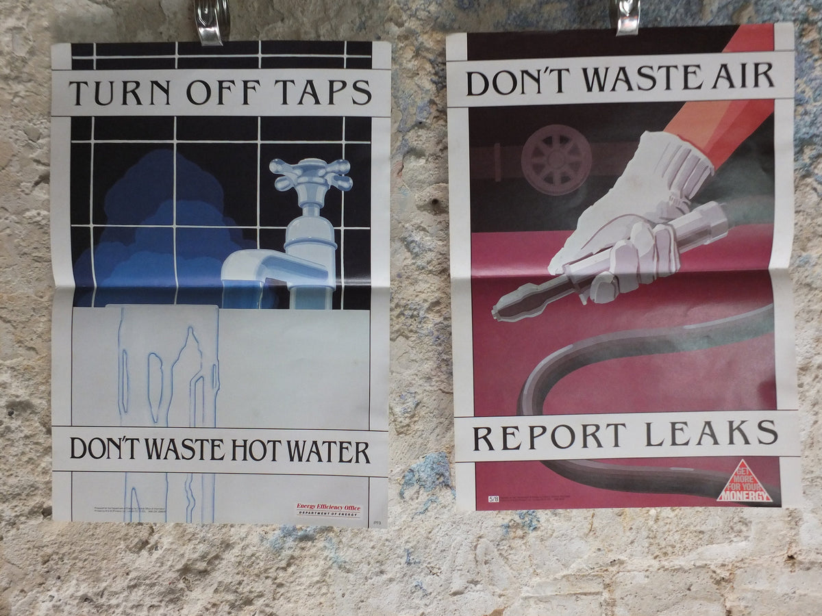 Set of Six Original Vintage British Energy Efficiency Posters windows taps heaters lights leaks wall art retro 1980s health and safety