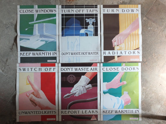 Set of Six Original Vintage British Energy Efficiency Posters windows taps heaters lights leaks wall art retro 1980s health and safety