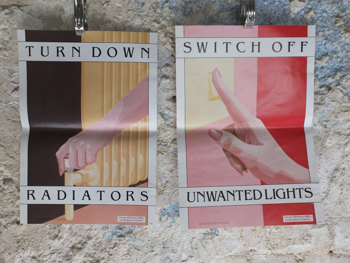 Set of Six Original Vintage British Energy Efficiency Posters windows taps heaters lights leaks wall art retro 1980s health and safety