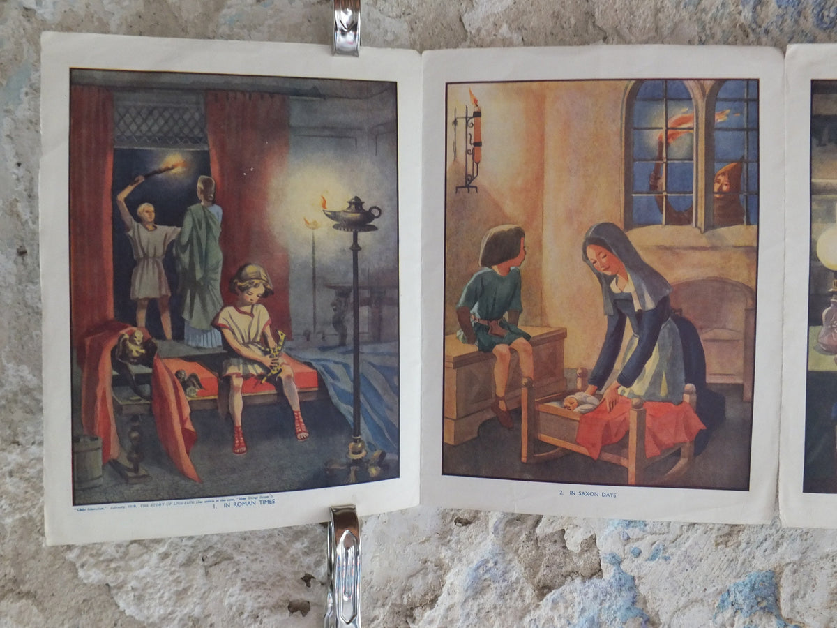 Original Vintage British Child Education The Story of Lighting Poster art deco print Roman Saxon Victorian wall art 1939 1930s