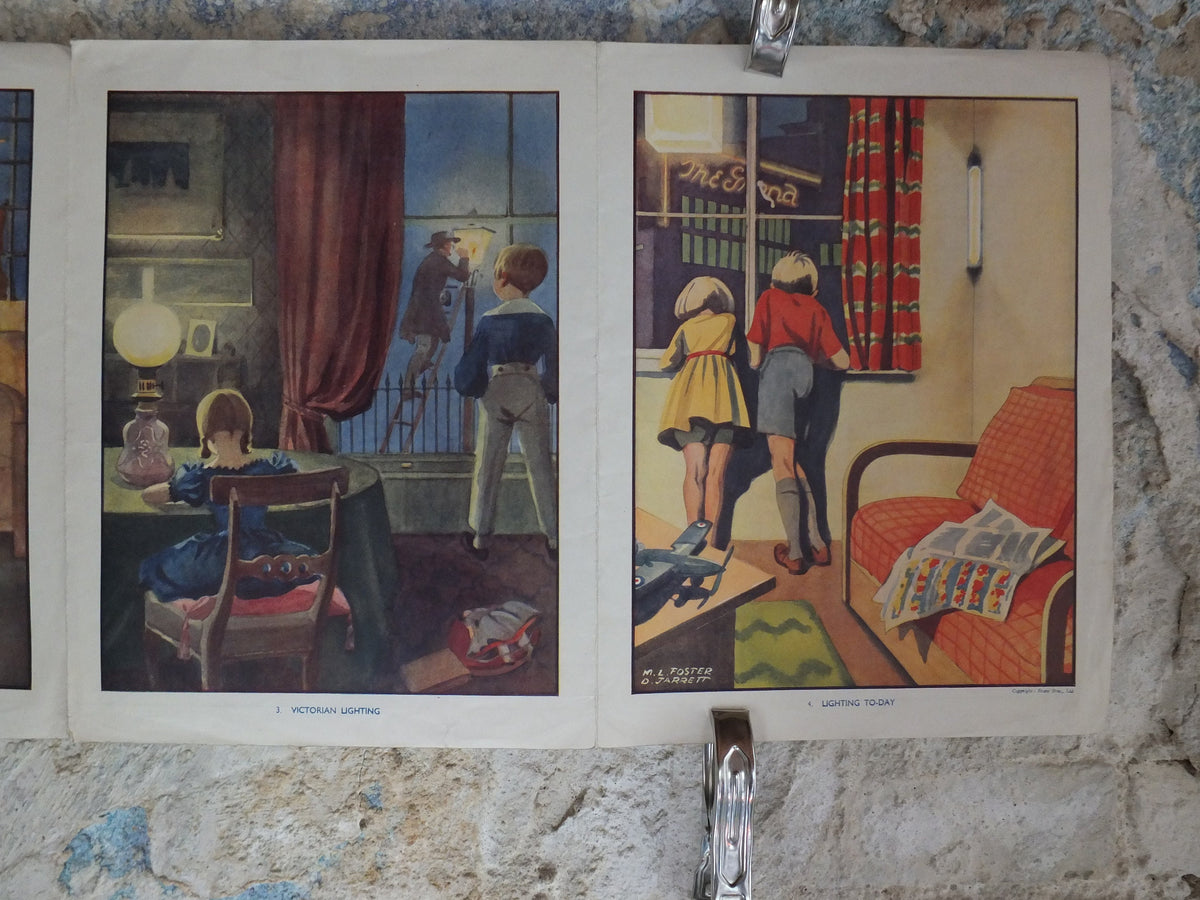 Original Vintage British Child Education The Story of Lighting Poster art deco print Roman Saxon Victorian wall art 1939 1930s