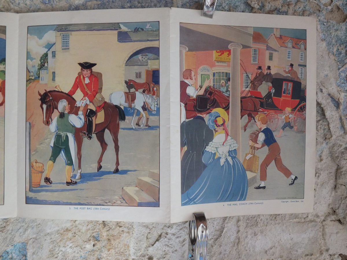 Original Vintage British Child Education The Story of Post Poster art deco print pigeon medieval post bag mail coach wall art 1939 1930s