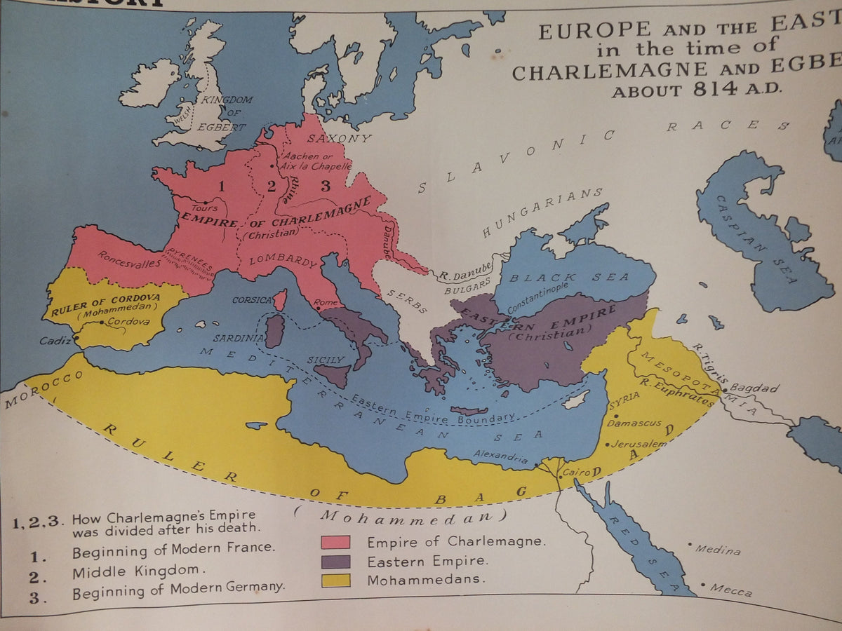 Original Vintage British Educational Geography Map Charlemagne Franks Dark Middle Ages Europe historical Poster print wall art 1950s