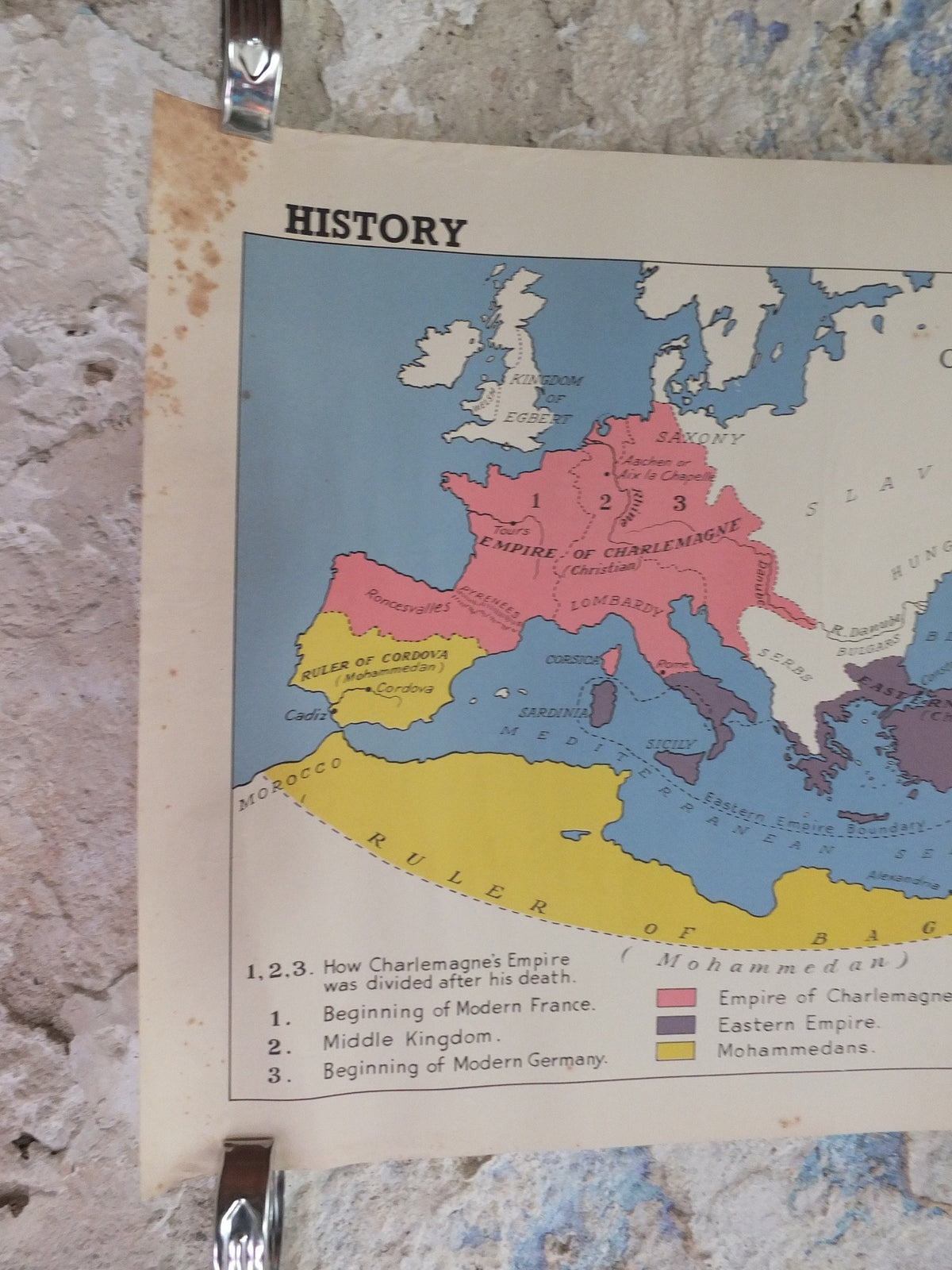 Original Vintage British Educational Geography Map Charlemagne Franks Dark Middle Ages Europe historical Poster print wall art 1950s