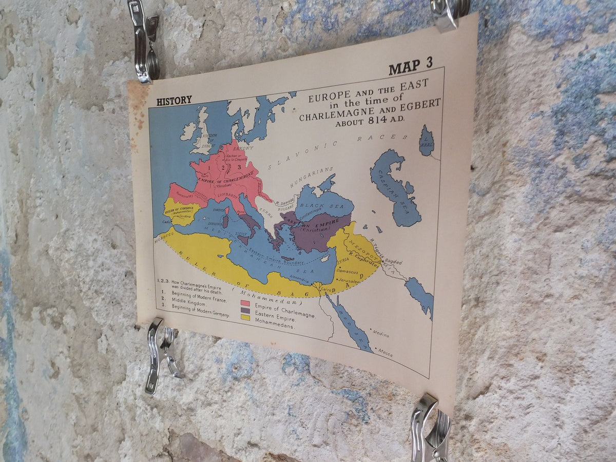 Original Vintage British Educational Geography Map Charlemagne Franks Dark Middle Ages Europe historical Poster print wall art 1950s