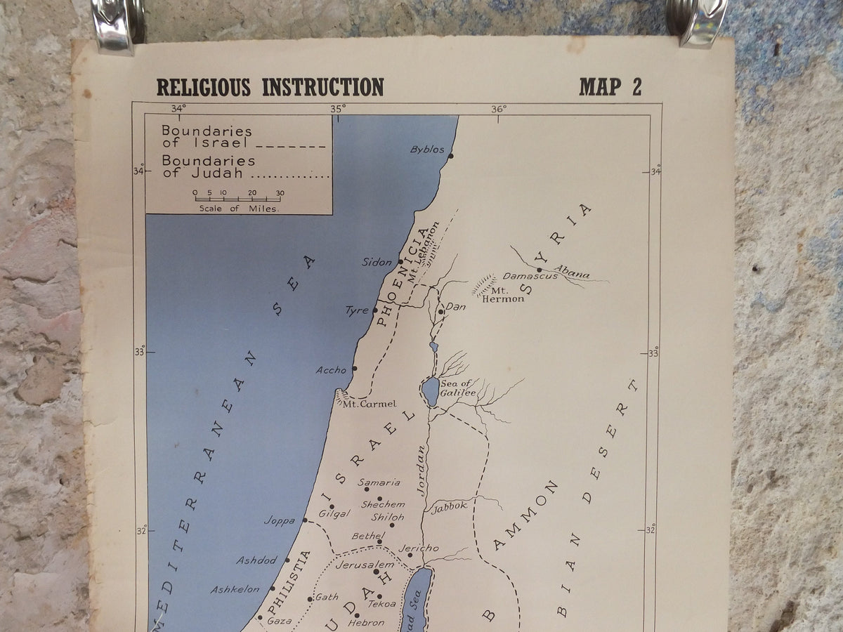 Original Vintage British Educational Geography Map Kingdoms of Judah and Israel in biblical times historical Poster print wall art 1950s