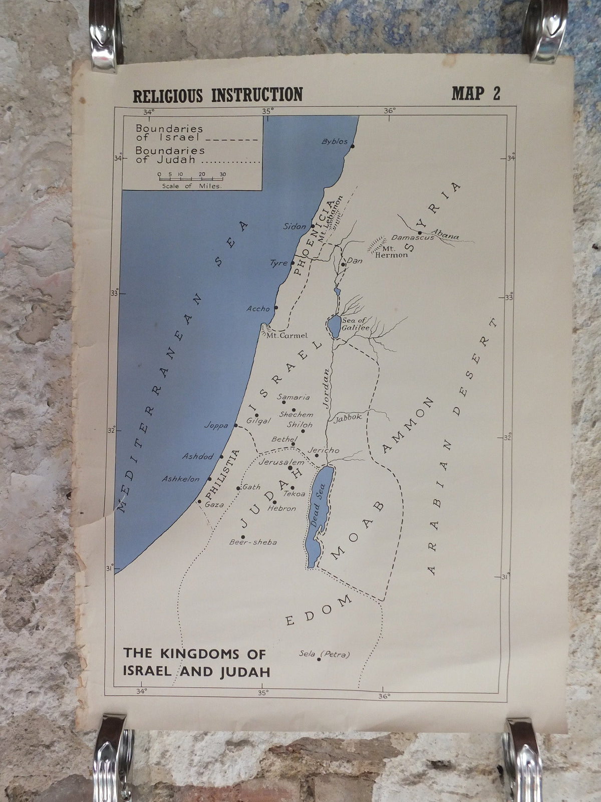Original Vintage British Educational Geography Map Kingdoms of Judah and Israel in biblical times historical Poster print wall art 1950s