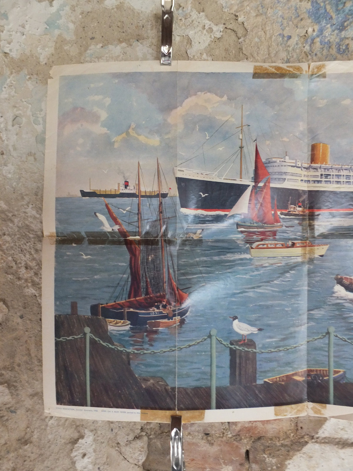Original Vintage British Child Education Ships on a busy River Poster mid century print Alex Packham wall art 1958 1950s