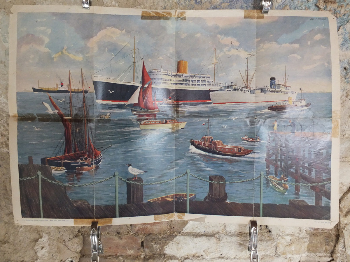 Original Vintage British Child Education Ships on a busy River Poster mid century print Alex Packham wall art 1958 1950s