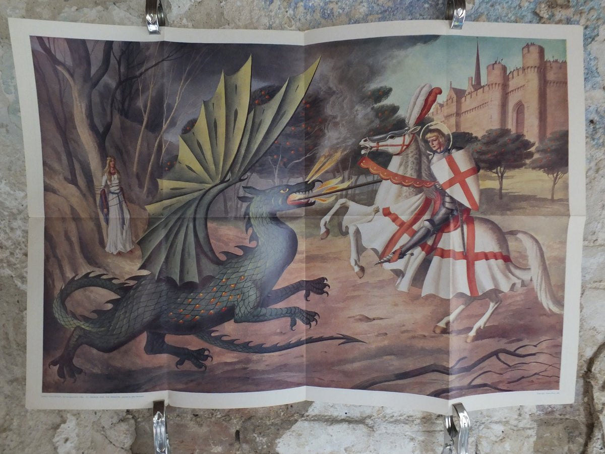 Original Vintage British Child Education St George and the Dragon Poster mid century knight print John Harwood wall art 1962 1960s