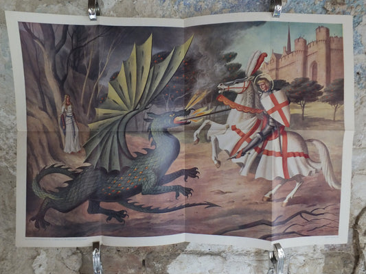 Original Vintage British Child Education St George and the Dragon Poster mid century knight print John Harwood wall art 1962 1960s