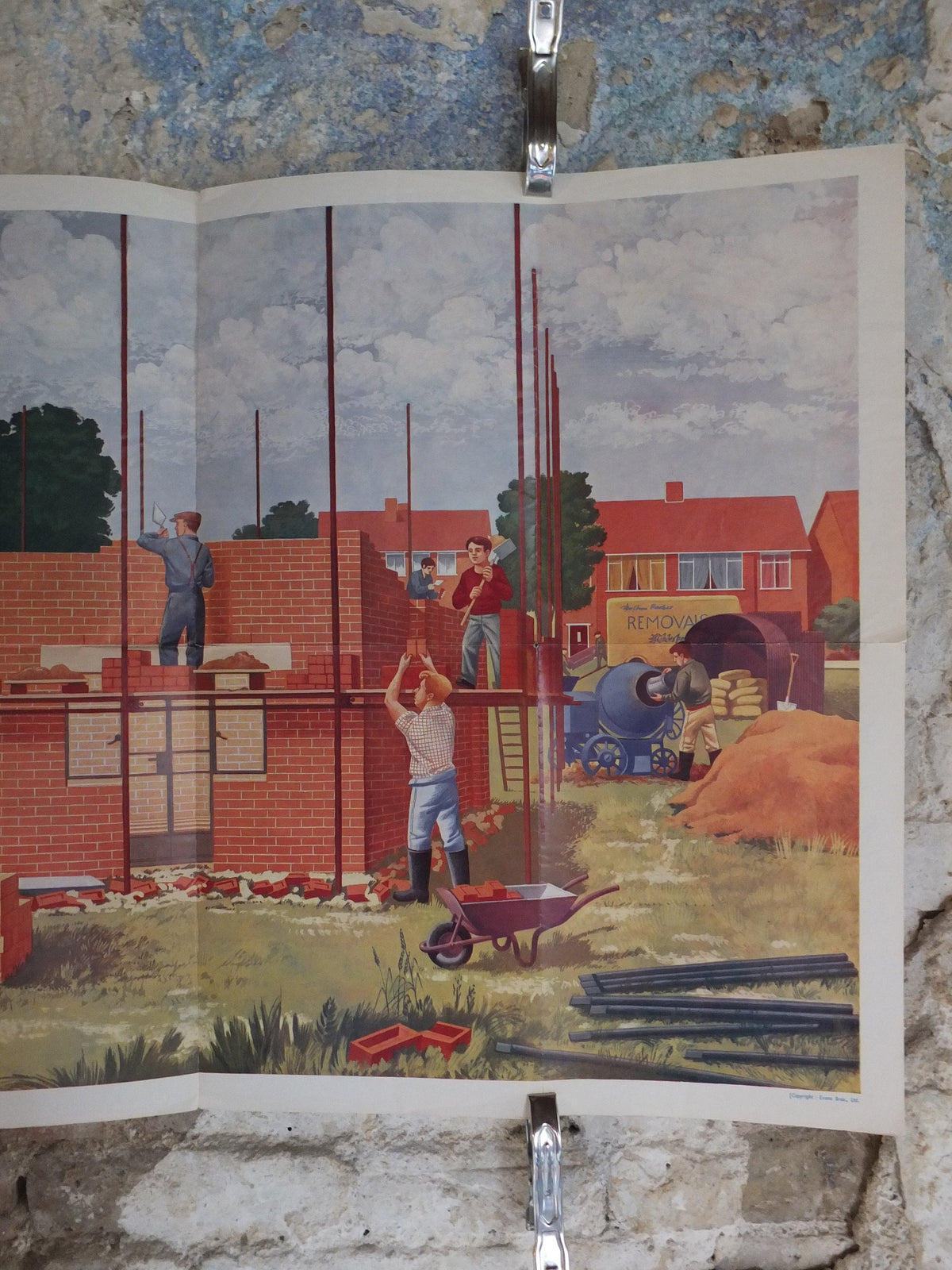 Original Vintage British Child Education Building a House Poster bricks construction mid century print Peter Blayney wall art 1961 1960s