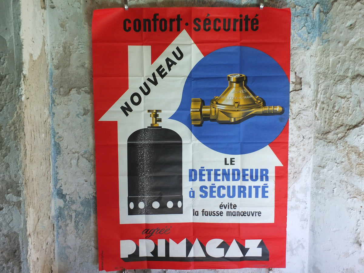 Original Vintage French Primagaz Poster, gas safety advertising, home heating, industrial art, wall retro decor 1960s