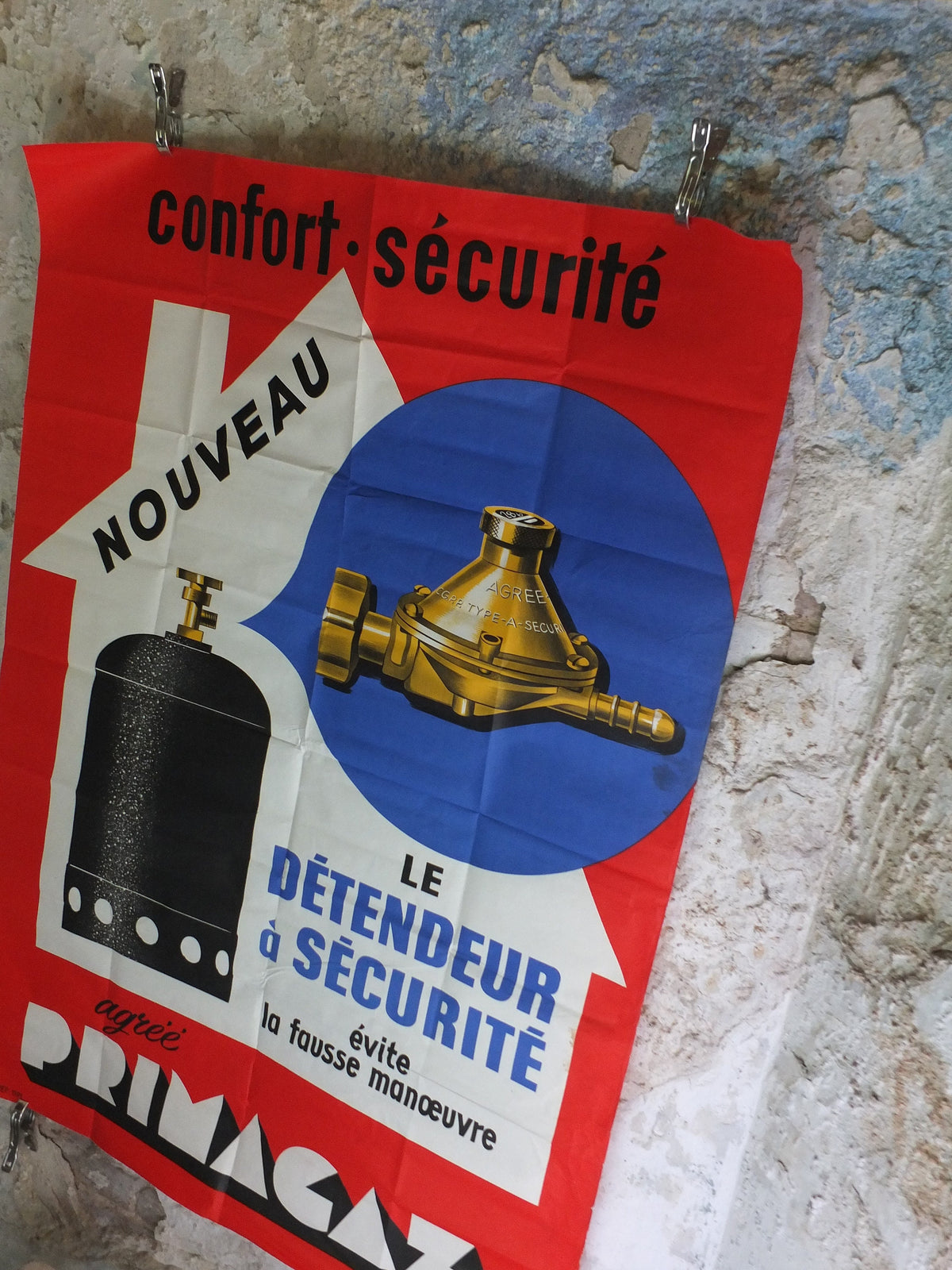 Original Vintage French Primagaz Poster, gas safety advertising, home heating, industrial art, wall retro decor 1960s