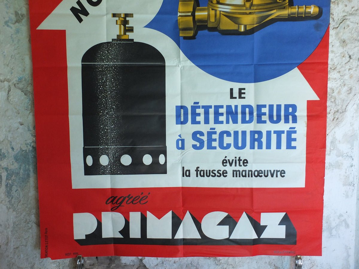 Original Vintage French Primagaz Poster, gas safety advertising, home heating, industrial art, wall retro decor 1960s