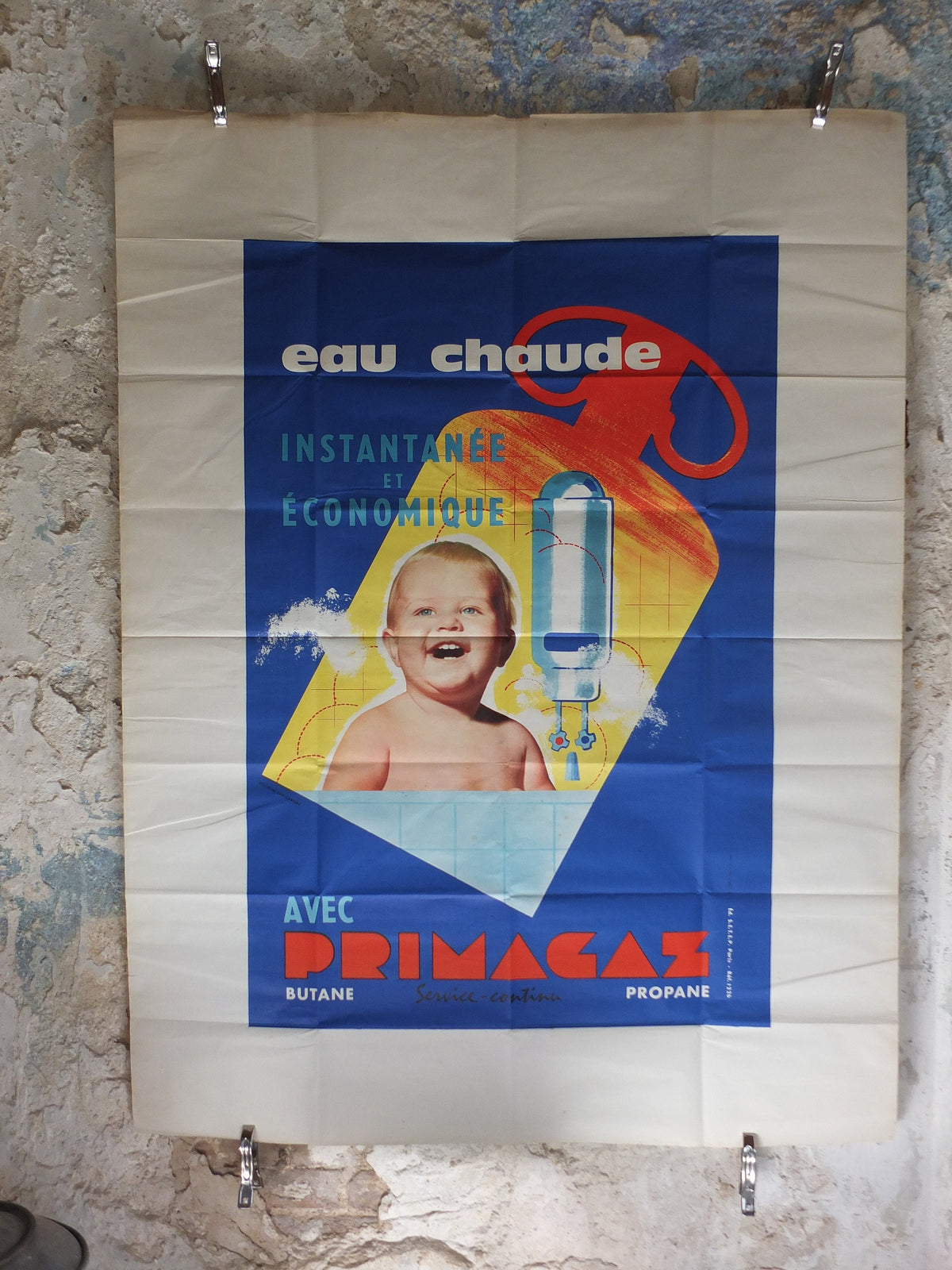 Original Vintage French Primagaz baby gas poster advertising home heating boiler water propane industrial art wall interior design 1960s