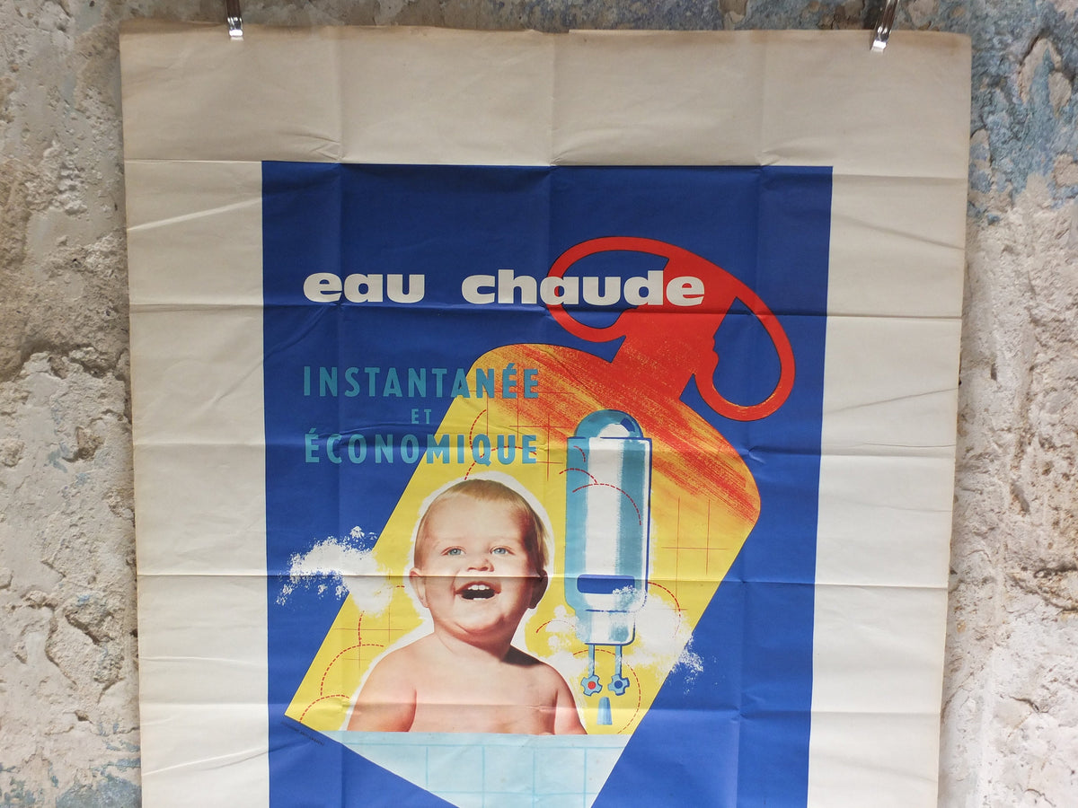 Original Vintage French Primagaz baby gas poster advertising home heating boiler water propane industrial art wall interior design 1960s