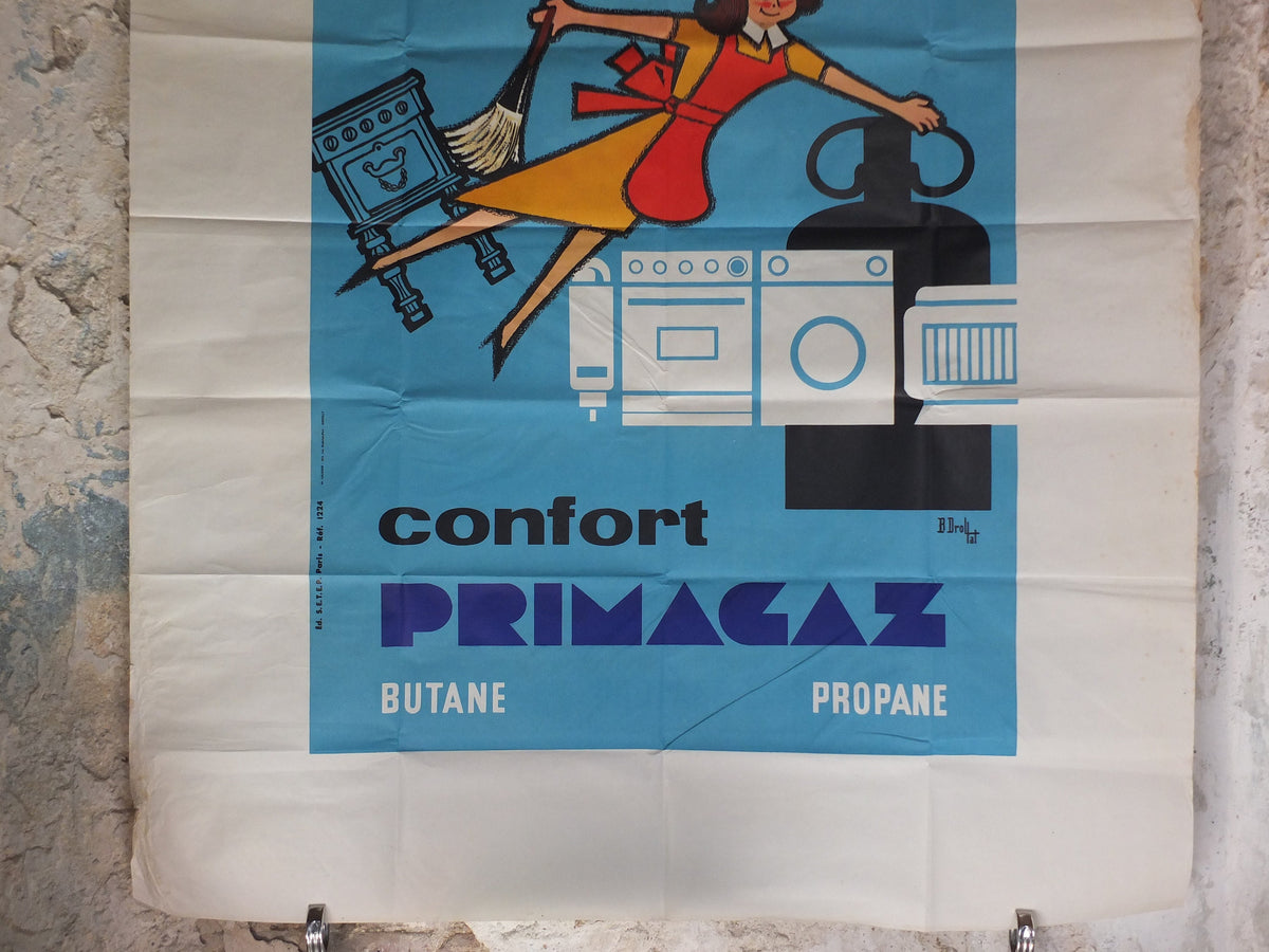 Original Vintage French Primagaz save time and money gas poster advertising home heating propane industrial art wall interior design 1960s