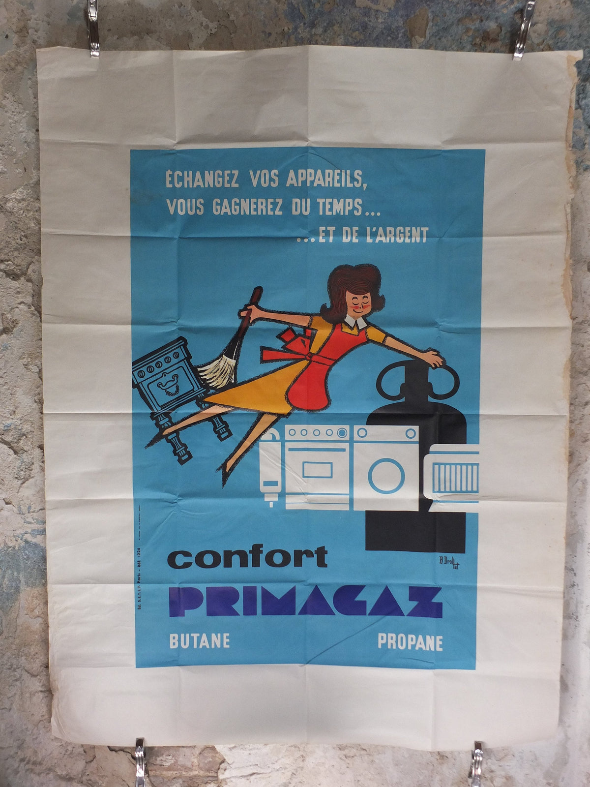 Original Vintage French Primagaz save time and money gas poster advertising home heating propane industrial art wall interior design 1960s