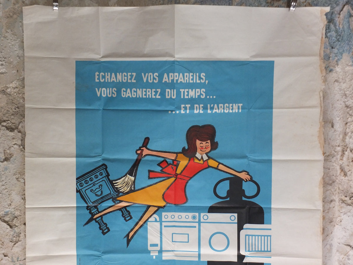 Original Vintage French Primagaz save time and money gas poster advertising home heating propane industrial art wall interior design 1960s