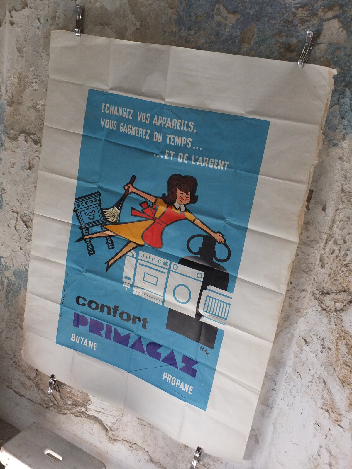 Original Vintage French Primagaz save time and money gas poster advertising home heating propane industrial art wall interior design 1960s