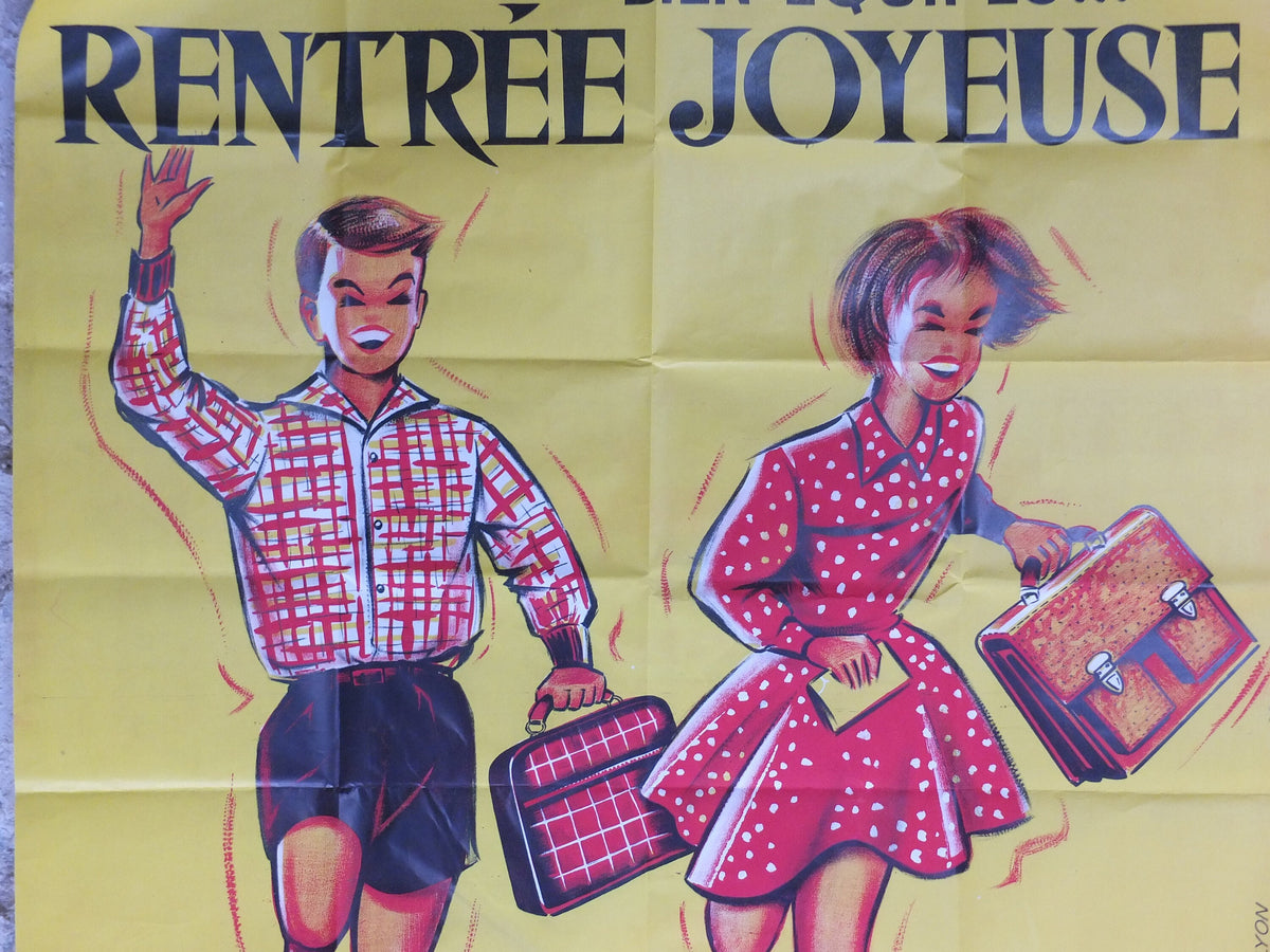 Original Vintage French Children Kids Back to School Poster fashion style bag happy running Advertising print R Hennin wall art retro 1960s