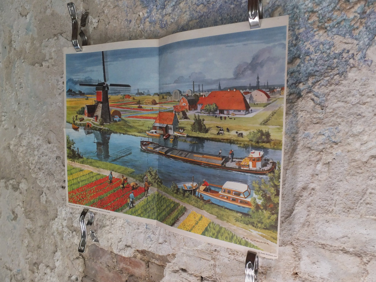 Original Vintage British Child Education Dutch Barge Canal Windmill tulips flowers mid century print wall art Linklater 1969 1960s