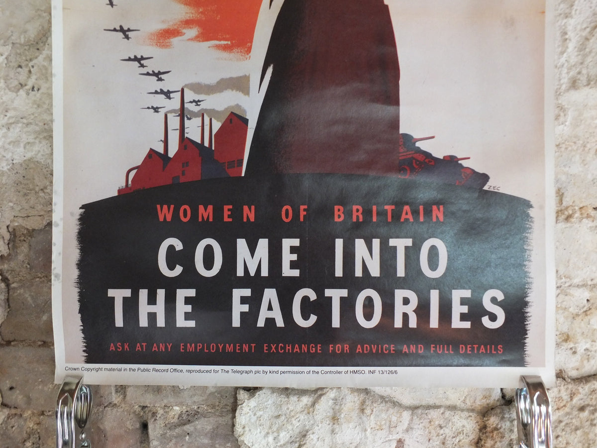 Vintage British WW2 Women of Britain Come into the Factories Propaganda Poster Telegraph bombers reprint print wall art 1980s