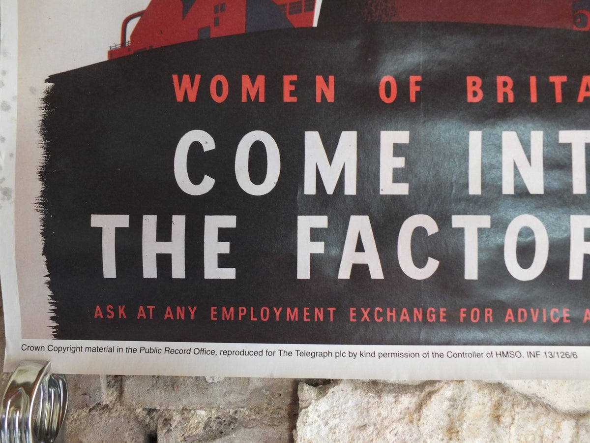 Vintage British WW2 Women of Britain Come into the Factories Propaganda Poster Telegraph bombers reprint print wall art 1980s