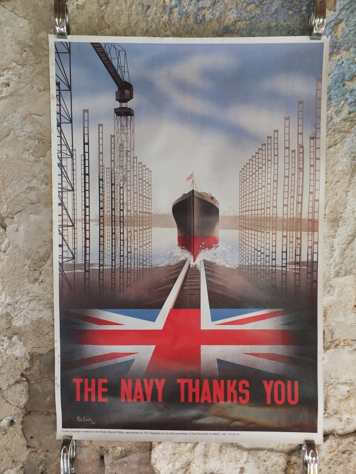 Vintage British WW2 The Navy Thanks You Propaganda Poster Telegraph Pat Keely ship shipyard destroyer battleship reprint wall art 1980s