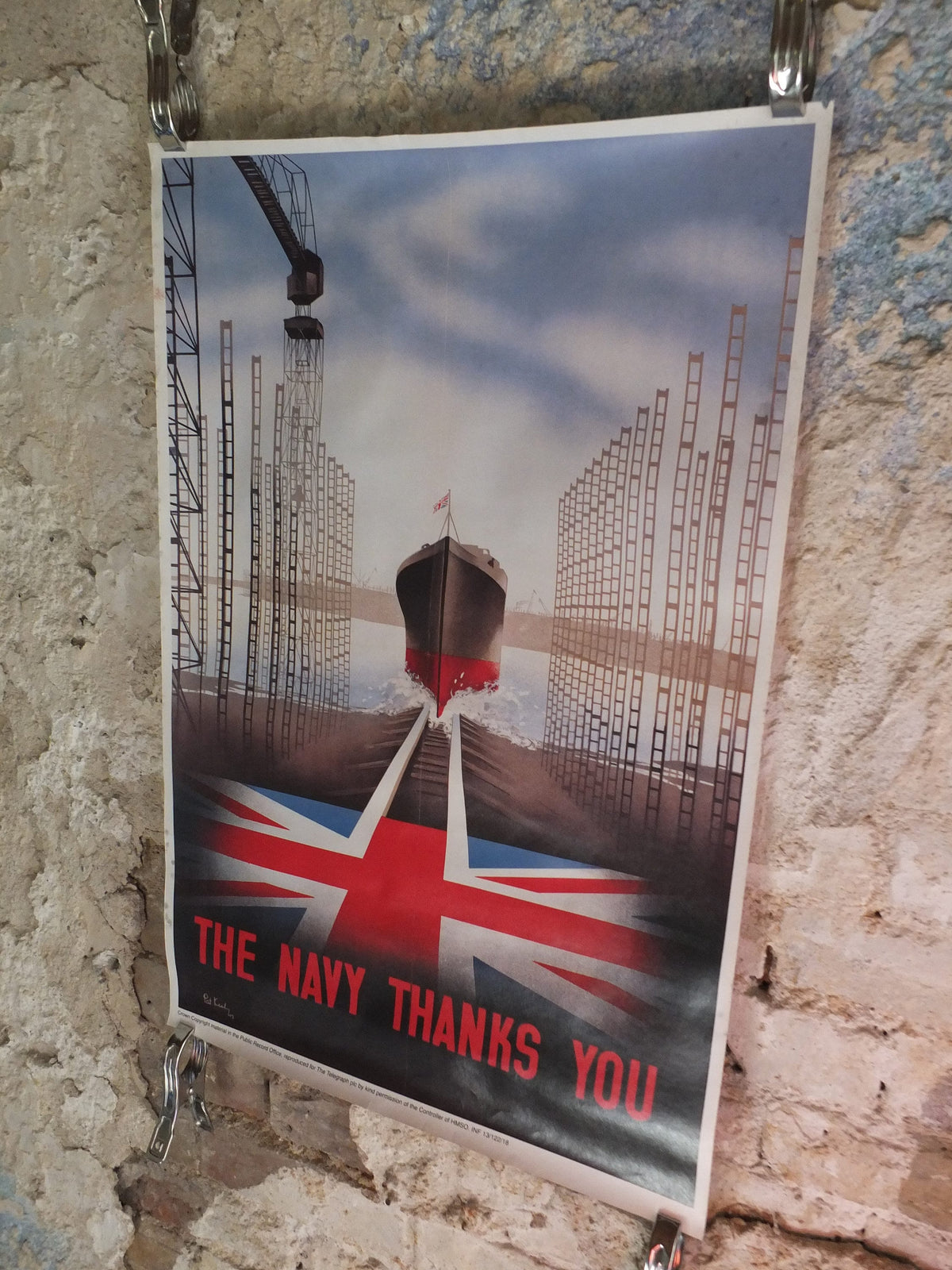 Vintage British WW2 The Navy Thanks You Propaganda Poster Telegraph Pat Keely ship shipyard destroyer battleship reprint wall art 1980s