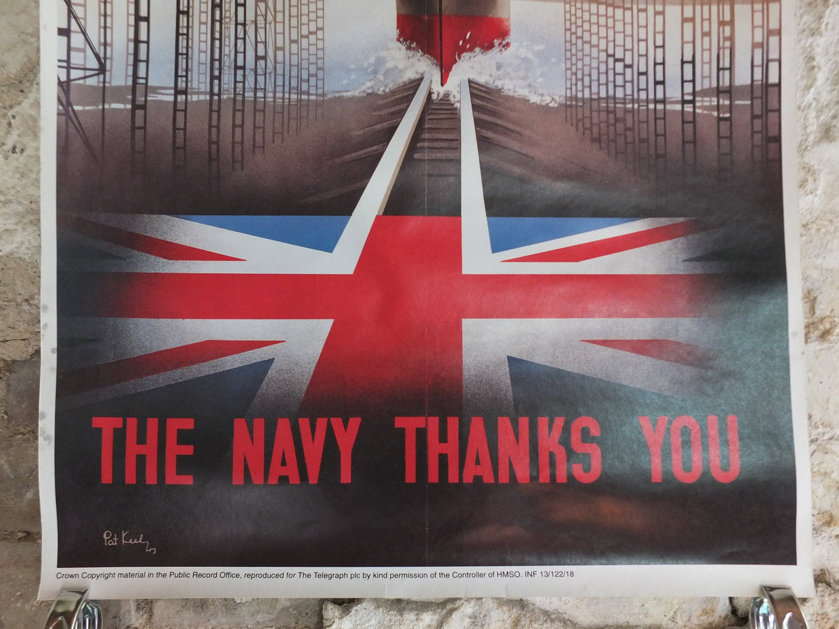 Vintage British WW2 The Navy Thanks You Propaganda Poster Telegraph Pat Keely ship shipyard destroyer battleship reprint wall art 1980s