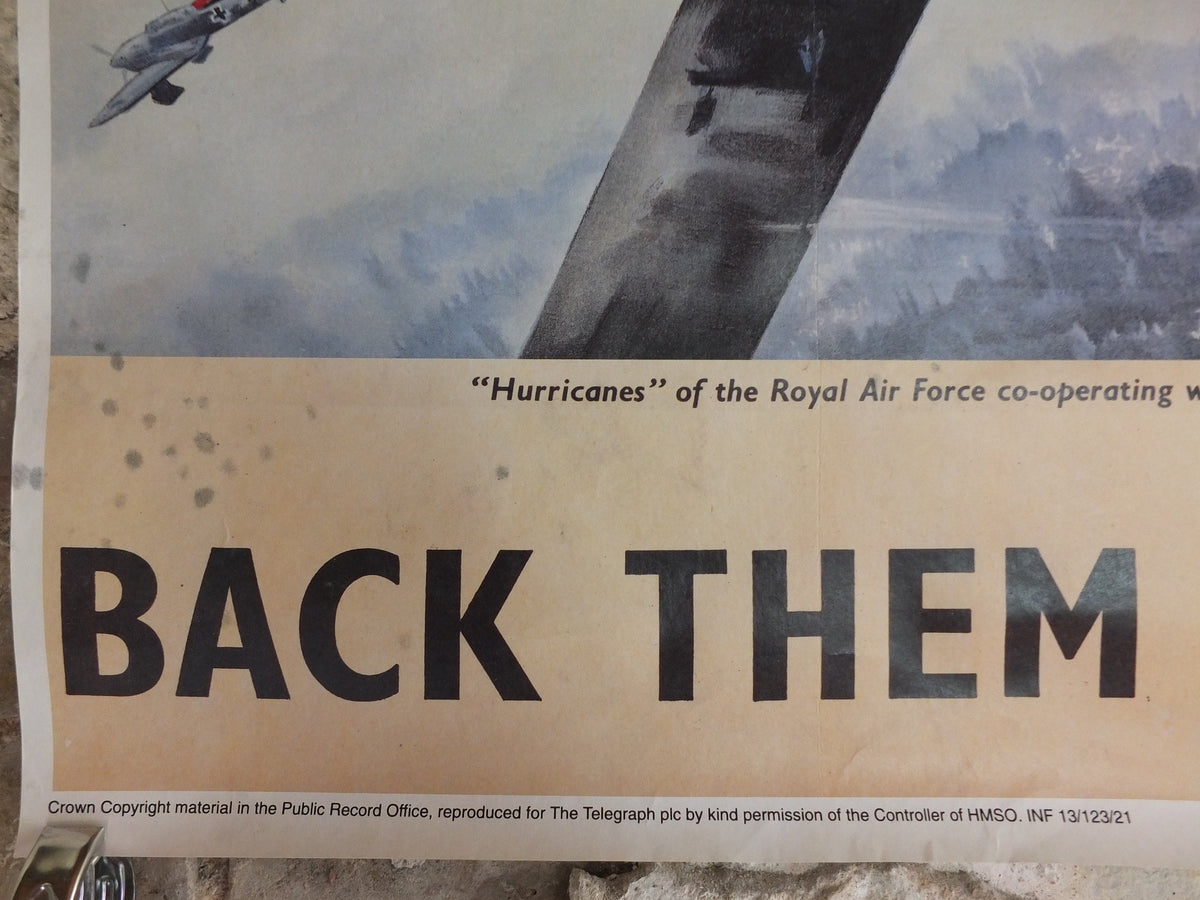 Vintage British WW2 Back them Up Spitfire Hurricane Propaganda Poster Jobson Telegraph fighters royal air force reprint print wall art 1980s