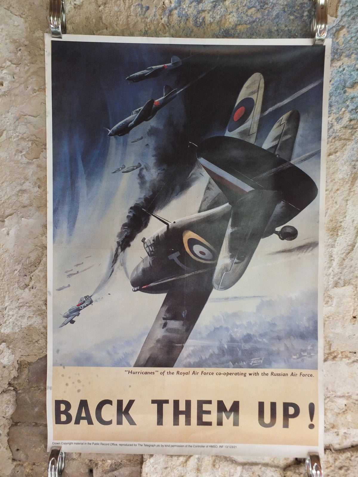 Vintage British WW2 Back them Up Spitfire Hurricane Propaganda Poster Jobson Telegraph fighters royal air force reprint print wall art 1980s