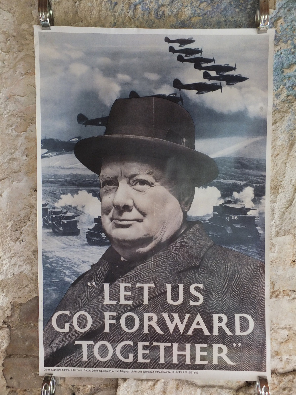 Vintage British WW2 Winston Churchill Go Forward Together Propaganda Poster spitfires Telegraph reprint print wall art 1980s