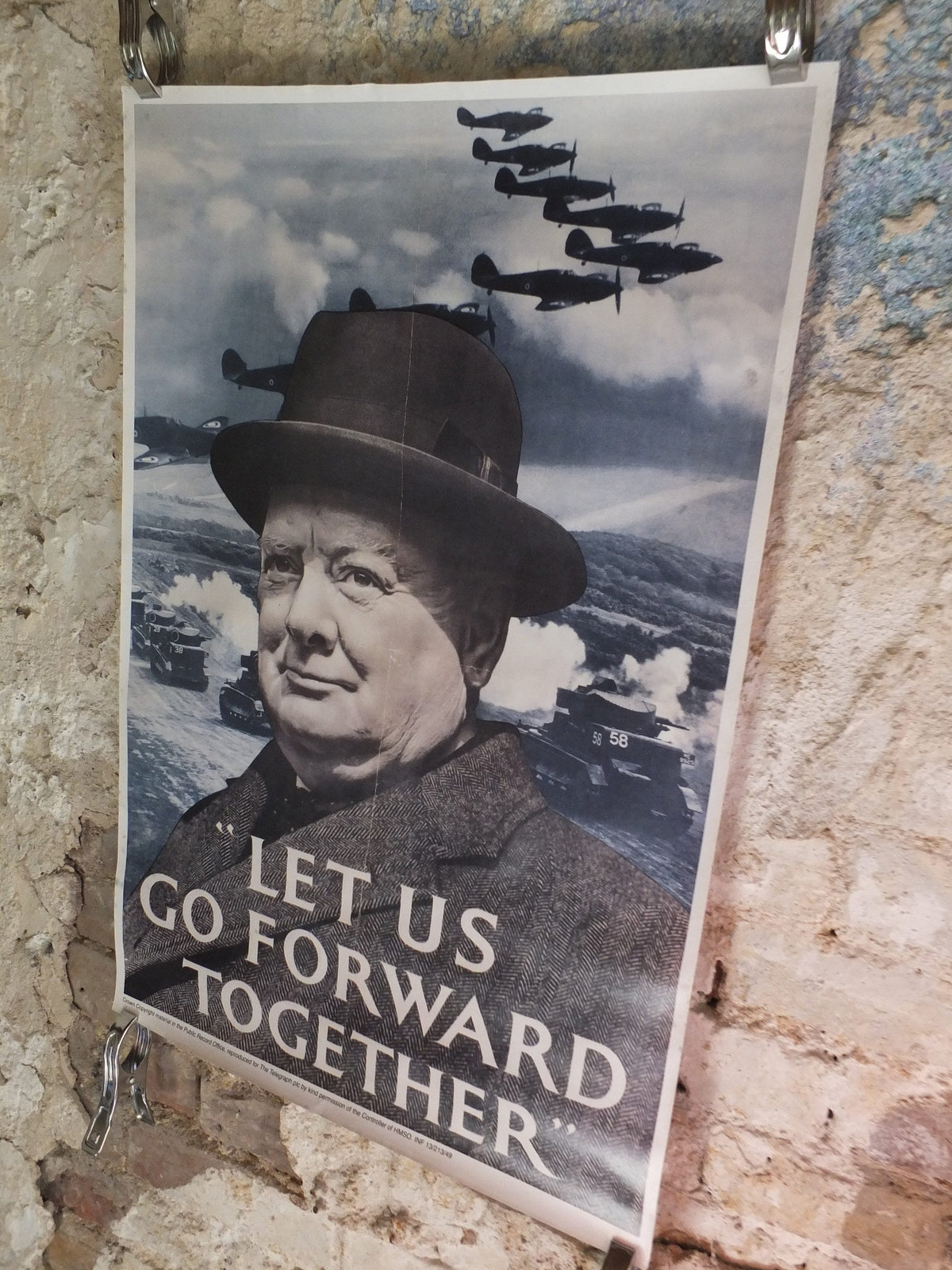 Vintage British WW2 Winston Churchill Go Forward Together Propaganda Poster spitfires Telegraph reprint print wall art 1980s