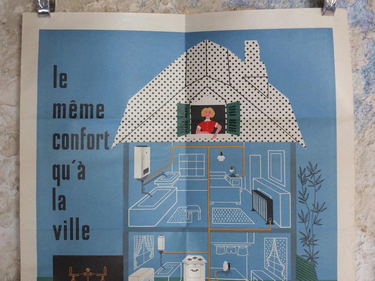 Original Vintage French Propagaz gas poster advertising cylinder home heating boiler Mariner industrial art wall interior design 1970s