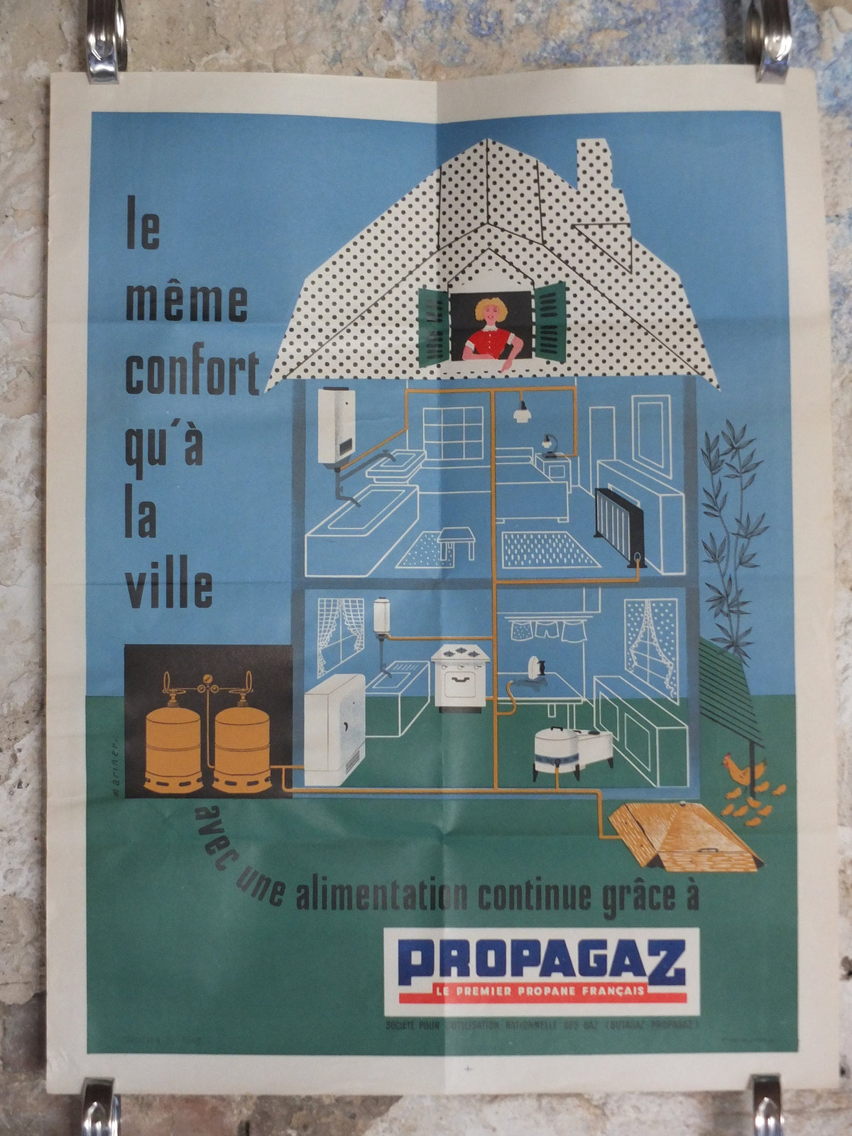Original Vintage French Propagaz gas poster advertising cylinder home heating boiler Mariner industrial art wall interior design 1970s