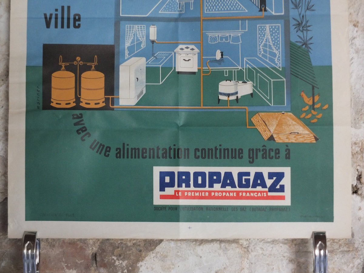 Original Vintage French Propagaz gas poster advertising cylinder home heating boiler Mariner industrial art wall interior design 1970s